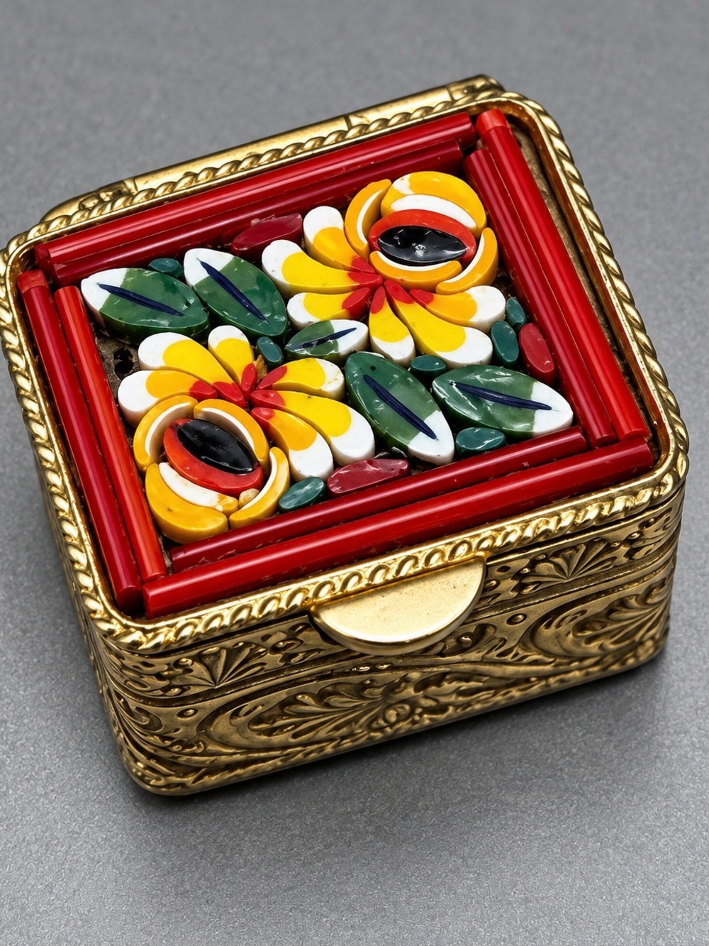 Vintage-Style Floral Micro-Mosaic Trinket Box - Gold Tone, Red & Yellow
